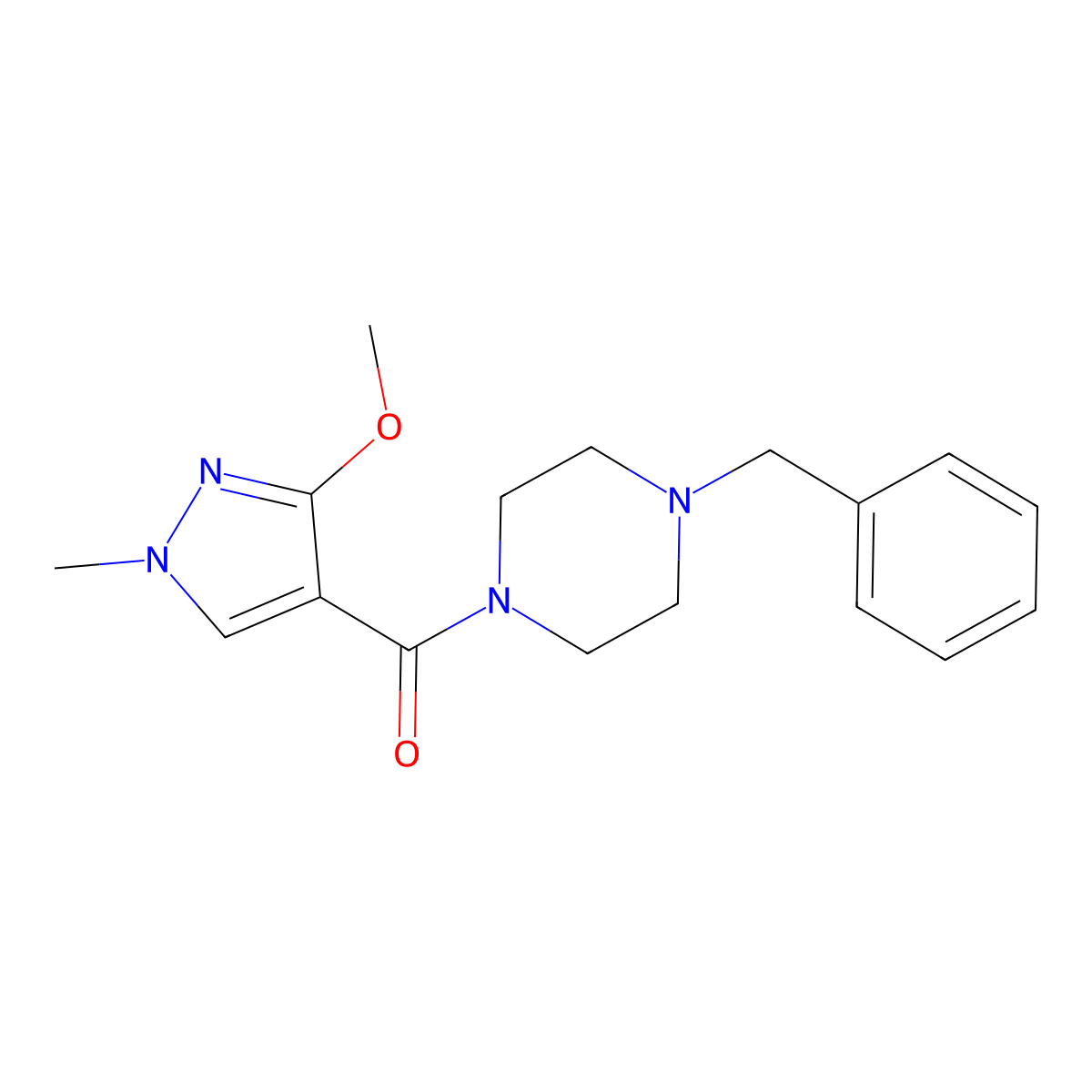 (4-benzylpiperazin-1-yl)(3-methoxy-1-methyl-1H-pyrazol-4-yl)methanone molecular structure, CAS 1014049-26-3