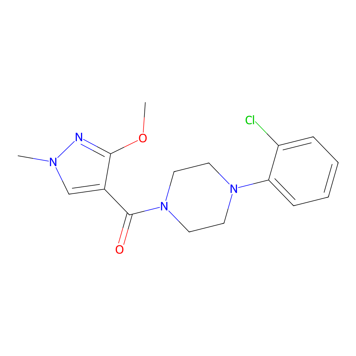 (4-(2-chlorophenyl)piperazin-1-yl)(3-methoxy-1-methyl-1H-pyrazol-4-yl)methanone molecular structure, CAS 1014049-31-0