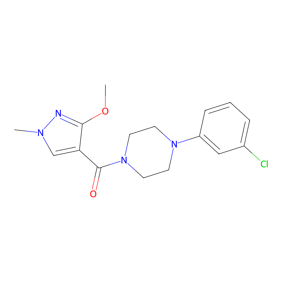 (4-(3-chlorophenyl)piperazin-1-yl)(3-methoxy-1-methyl-1H-pyrazol-4-yl)methanone molecular structure, CAS 1014049-34-3
