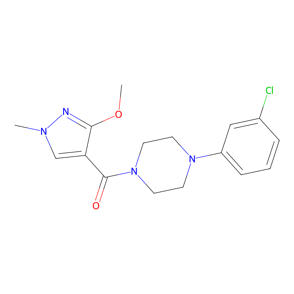(4-(3-chlorophenyl)piperazin-1-yl)(3-methoxy-1-methyl-1H-pyrazol-4-yl)methanone molecular structure, CAS 1014049-34-3