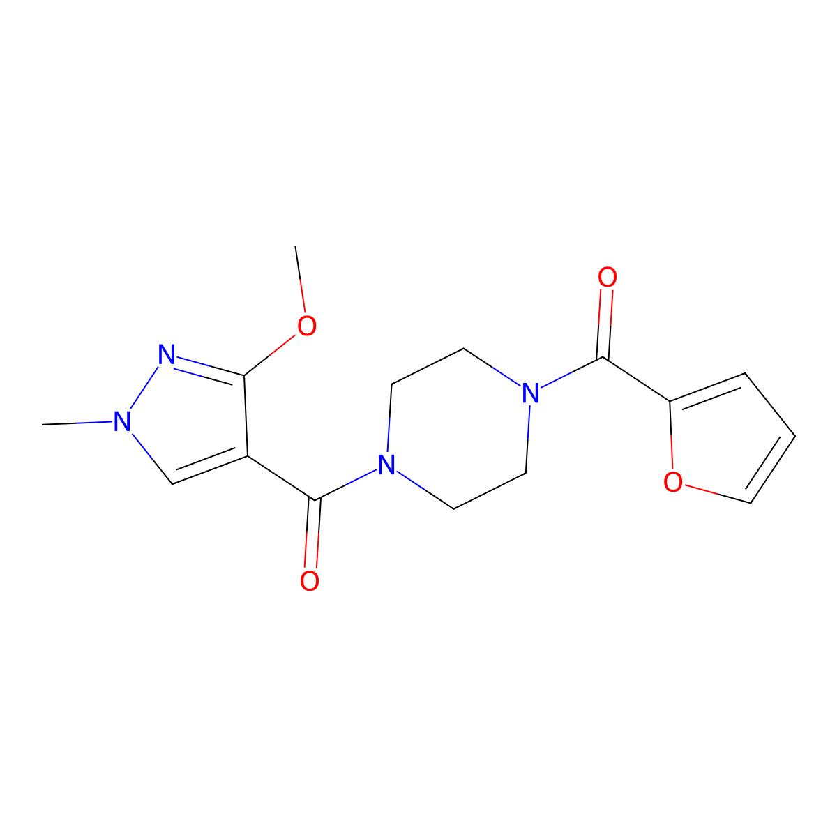 (4-(furan-2-carbonyl)piperazin-1-yl)(3-methoxy-1-methyl-1H-pyrazol-4-yl)methanone molecular structure, CAS 1014049-51-4