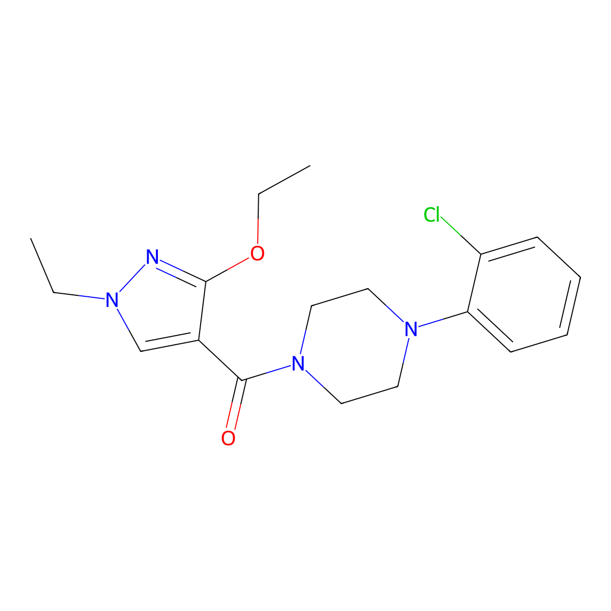 (4-(2-chlorophenyl)piperazin-1-yl)(3-ethoxy-1-ethyl-1H-pyrazol-4-yl)methanone molecular structure, CAS 1014049-52-5