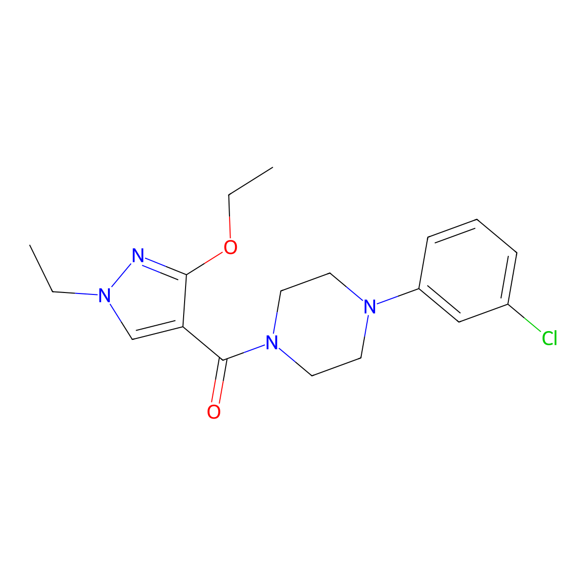 (4-(3-chlorophenyl)piperazin-1-yl)(3-ethoxy-1-ethyl-1H-pyrazol-4-yl)methanone molecular structure, CAS 1014049-58-1