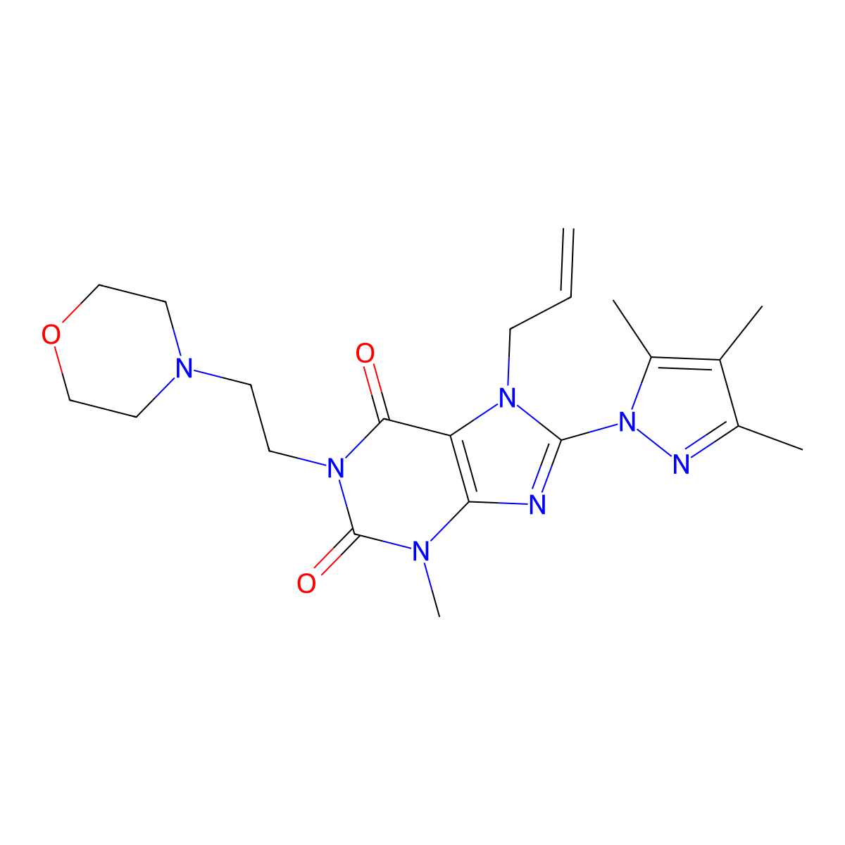 3-Methyl-1-(2-morpholin-4-ylethyl)-7-prop-2-enyl-8-(3,4,5-trimethylpyrazolyl)-1,3,7-trihydropurine-2,6-dione molecular structure, CAS 1014049-89-8