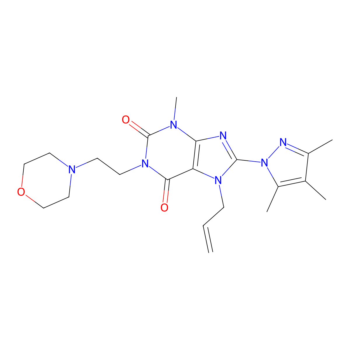 3-Methyl-1-(2-morpholin-4-ylethyl)-7-prop-2-enyl-8-(3,4,5-trimethylpyrazolyl)-1,3,7-trihydropurine-2,6-dione molecular structure, CAS 1014049-89-8