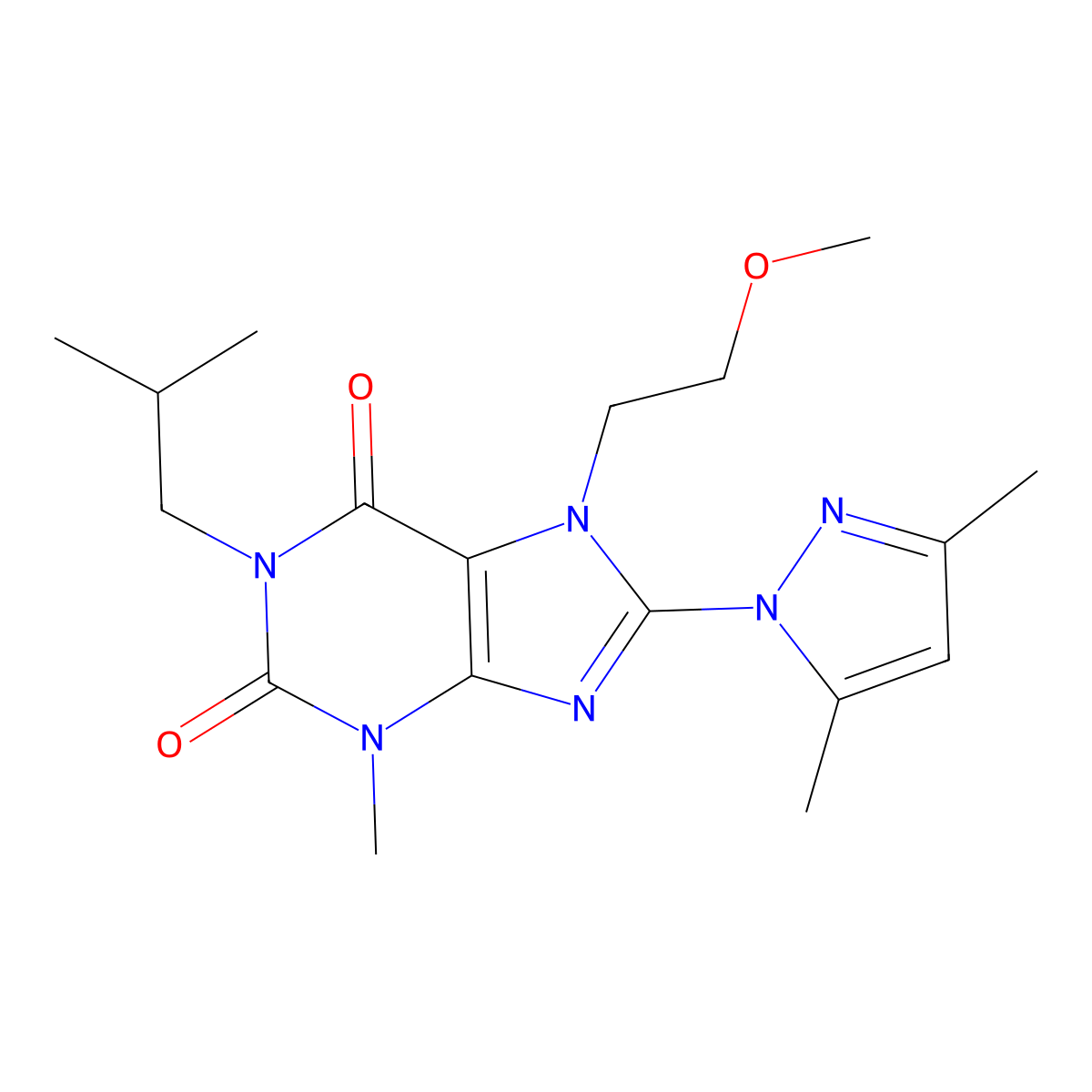 8-(3,5-dimethyl-1H-pyrazol-1-yl)-1-isobutyl-7-(2-methoxyethyl)-3-methyl-1H-purine-2,6(3H,7H)-dione molecular structure, CAS 1014049-94-5