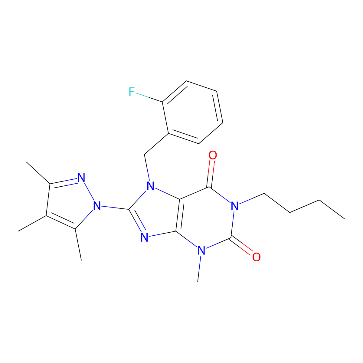 1-butyl-7-(2-fluorobenzyl)-3-methyl-8-(3,4,5-trimethyl-1H-pyrazol-1-yl)-1H-purine-2,6(3H,7H)-dione molecular structure, CAS 1014050-05-5