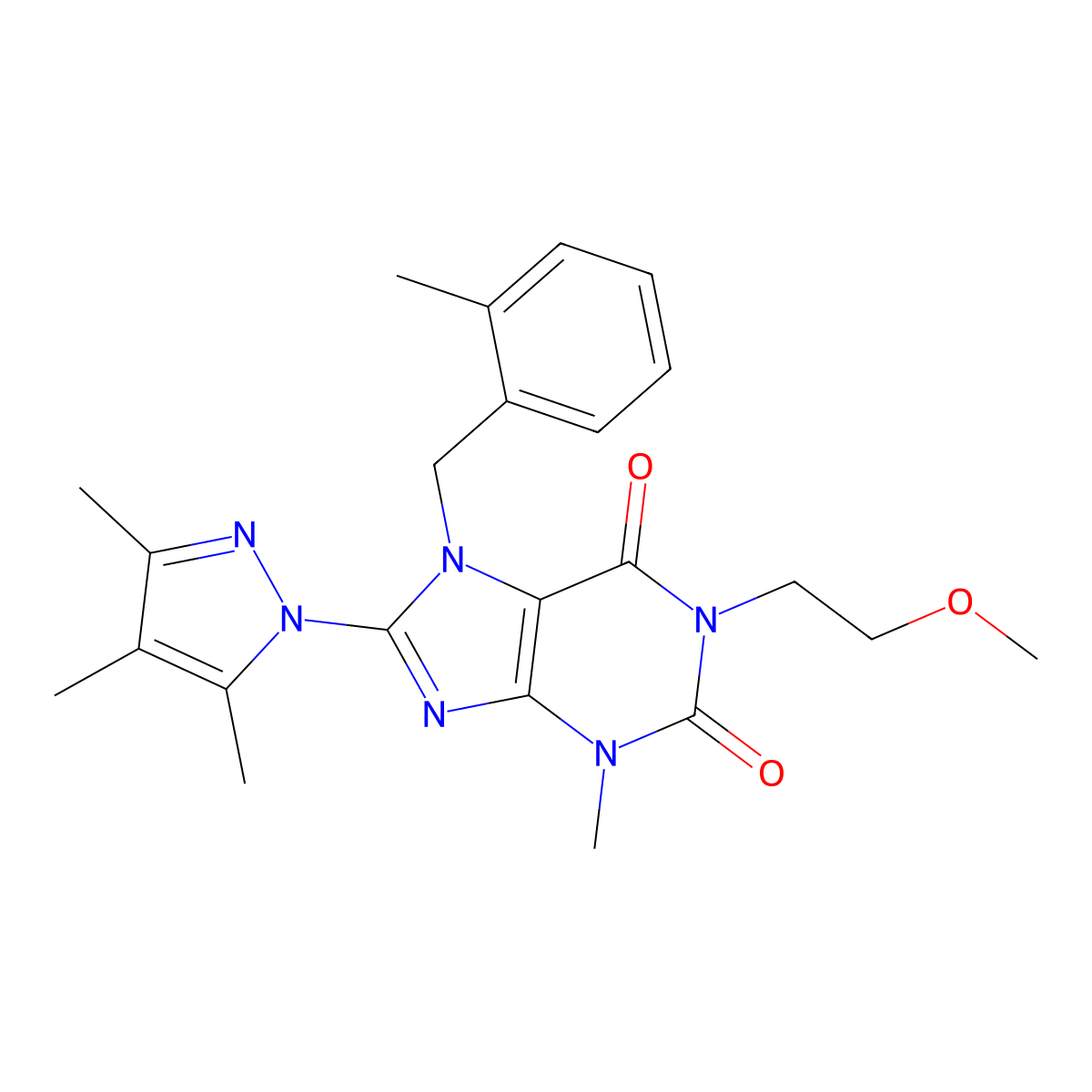1-(2-methoxyethyl)-3-methyl-7-(2-methylbenzyl)-8-(3,4,5-trimethyl-1H-pyrazol-1-yl)-1H-purine-2,6(3H,7H)-dione molecular structure, CAS 1014050-15-7