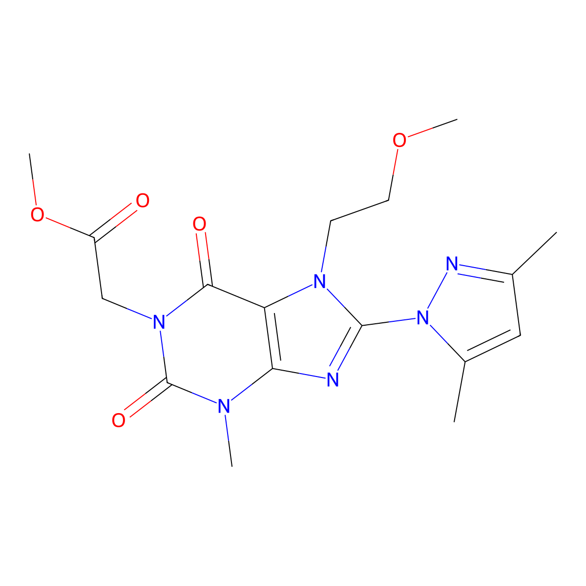 methyl 2-(8-(3,5-dimethyl-1H-pyrazol-1-yl)-7-(2-methoxyethyl)-3-methyl-2,6-dioxo-2,3,6,7-tetrahydro-1H-purin-1-yl)acetate molecular structure, CAS 1014050-30-6