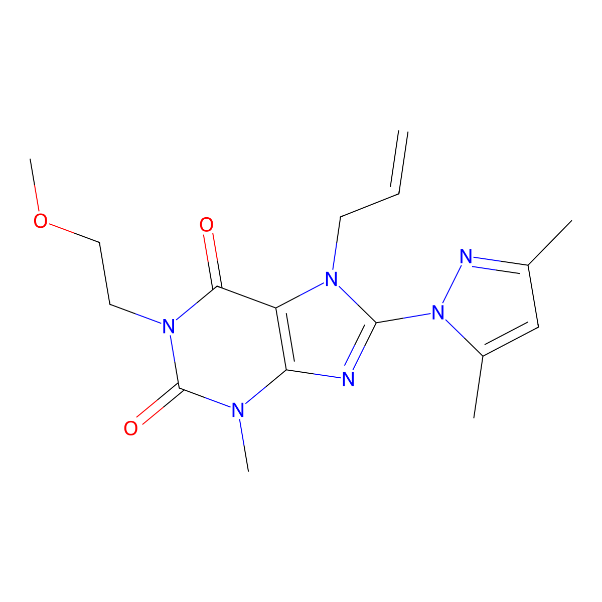8-(3,5-dimethyl-1H-pyrazol-1-yl)-1-(2-methoxyethyl)-3-methyl-7-(prop-2-en-1-yl)-2,3,6,7-tetrahydro-1H-purine-2,6-dione molecular structure, CAS 1014050-51-1