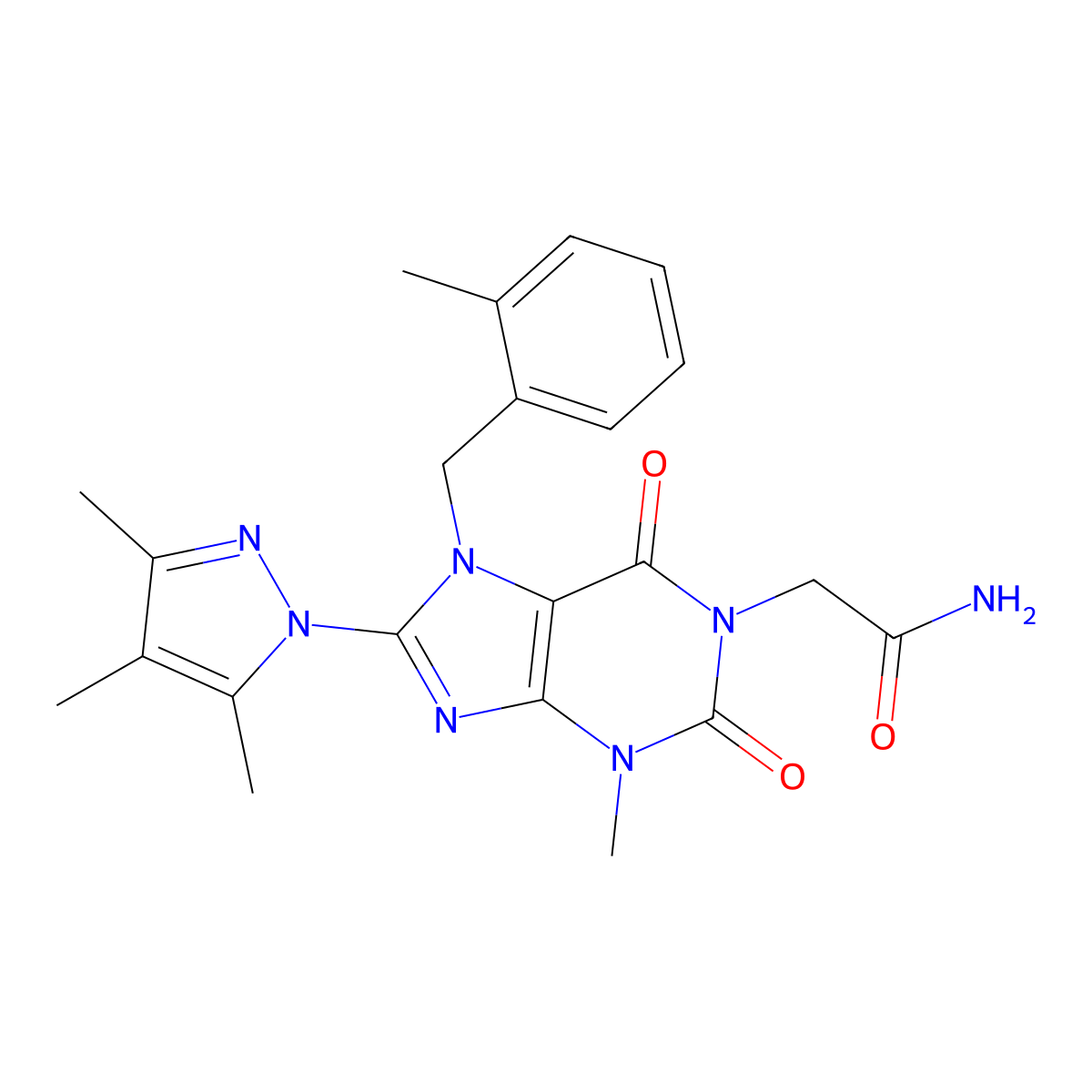 2-{3-Methyl-7-[(2-methylphenyl)methyl]-2,6-dioxo-8-(3,4,5-trimethylpyrazolyl)-1,3,7-trihydropurinyl}acetamide molecular structure, CAS 1014050-58-8