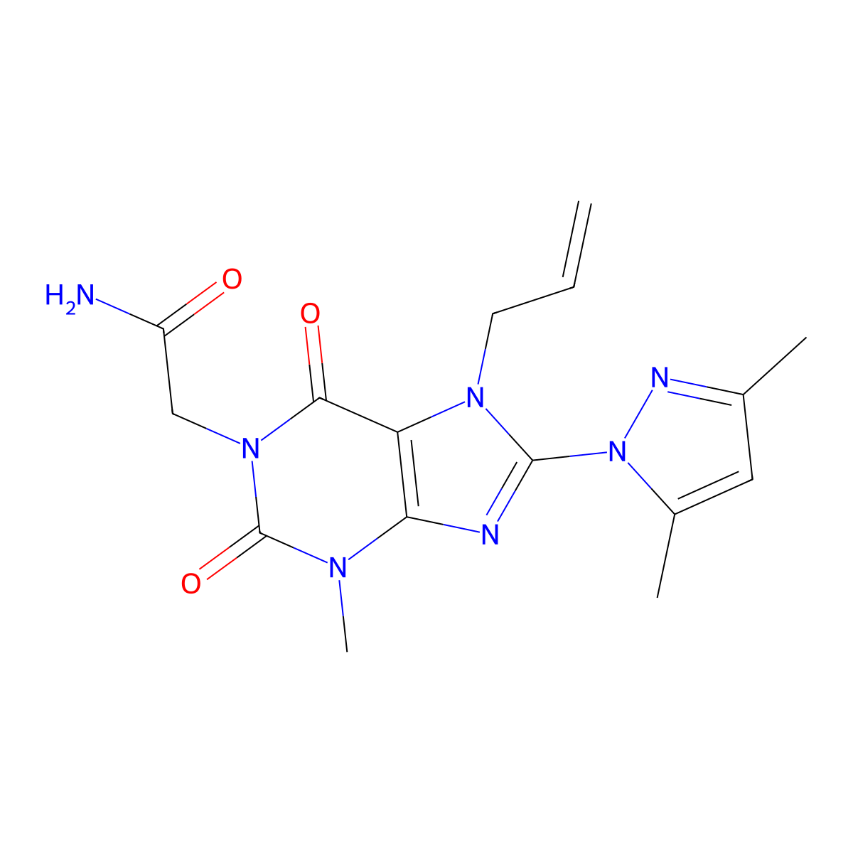 2-[8-(3,5-dimethyl-1H-pyrazol-1-yl)-3-methyl-2,6-dioxo-7-(prop-2-en-1-yl)-2,3,6,7-tetrahydro-1H-purin-1-yl]acetamide molecular structure, CAS 1014050-98-6