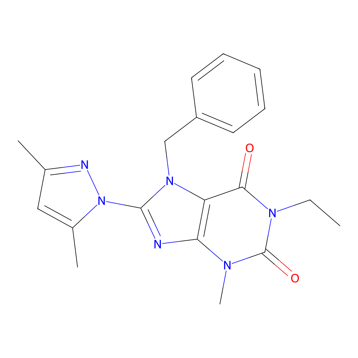 7-benzyl-8-(3,5-dimethyl-1H-pyrazol-1-yl)-1-ethyl-3-methyl-1H-purine-2,6(3H,7H)-dione molecular structure, CAS 1014051-08-1