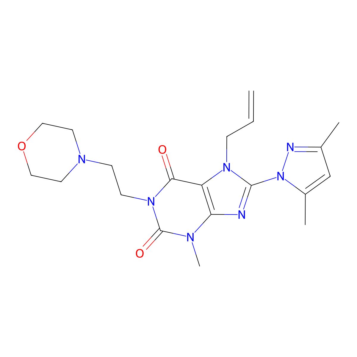 8-(3,5-dimethyl-1H-pyrazol-1-yl)-3-methyl-1-[2-(morpholin-4-yl)ethyl]-7-(prop-2-en-1-yl)-2,3,6,7-tetrahydro-1H-purine-2,6-dione molecular structure, CAS 1014051-20-7