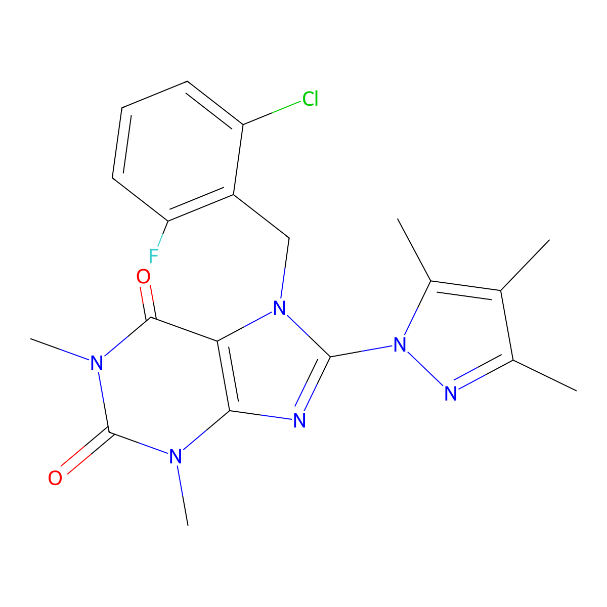 7-[(6-Chloro-2-fluorophenyl)methyl]-1,3-dimethyl-8-(3,4,5-trimethylpyrazolyl)-1,3,7-trihydropurine-2,6-dione molecular structure, CAS 1014051-34-3
