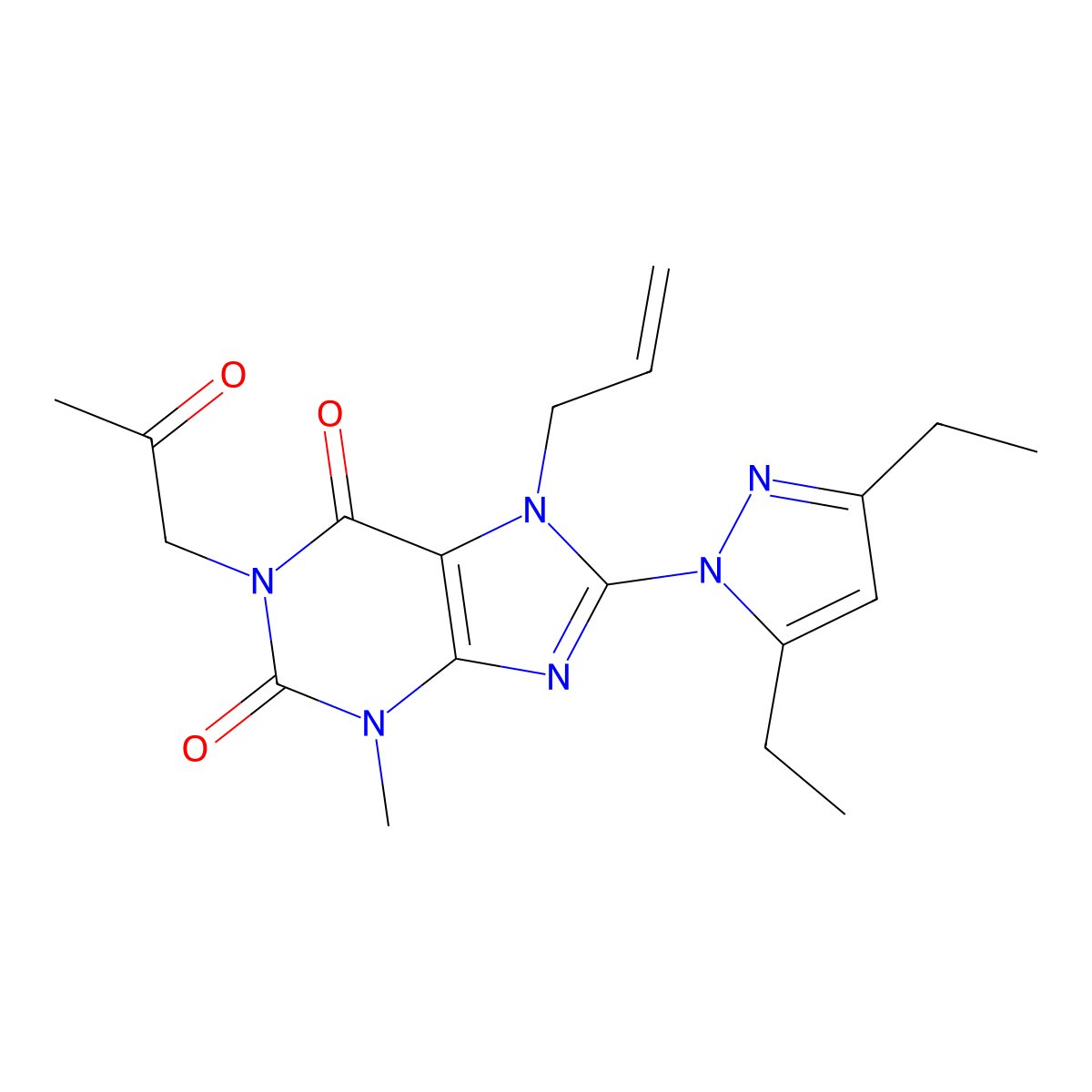 8-(3,5-Diethylpyrazolyl)-3-methyl-1-(2-oxopropyl)-7-prop-2-enyl-1,3,7-trihydro purine-2,6-dione molecular structure, CAS 1014051-58-1