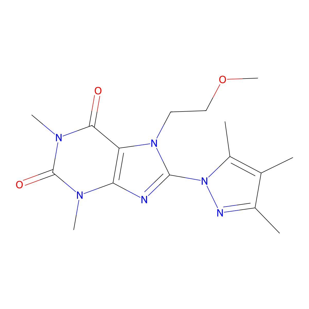7-(2-methoxyethyl)-1,3-dimethyl-8-(3,4,5-trimethyl-1H-pyrazol-1-yl)-1H-purine-2,6(3H,7H)-dione molecular structure, CAS 1014051-67-2