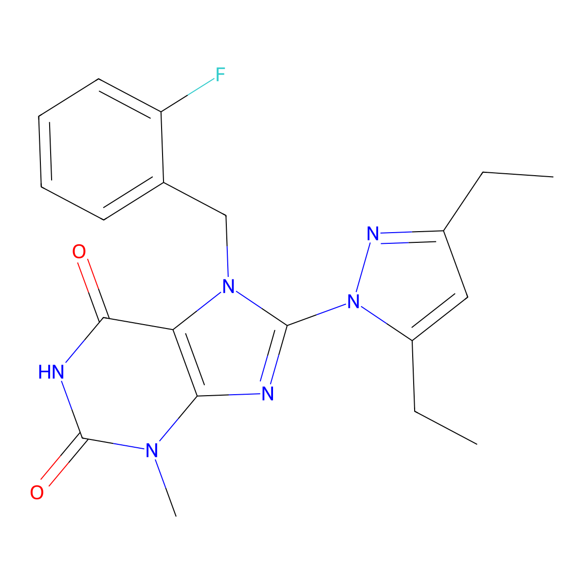 8-(3,5-diethyl-1H-pyrazol-1-yl)-7-[(2-fluorophenyl)methyl]-3-methyl-2,3,6,7-tetrahydro-1H-purine-2,6-dione molecular structure, CAS 1014051-85-4