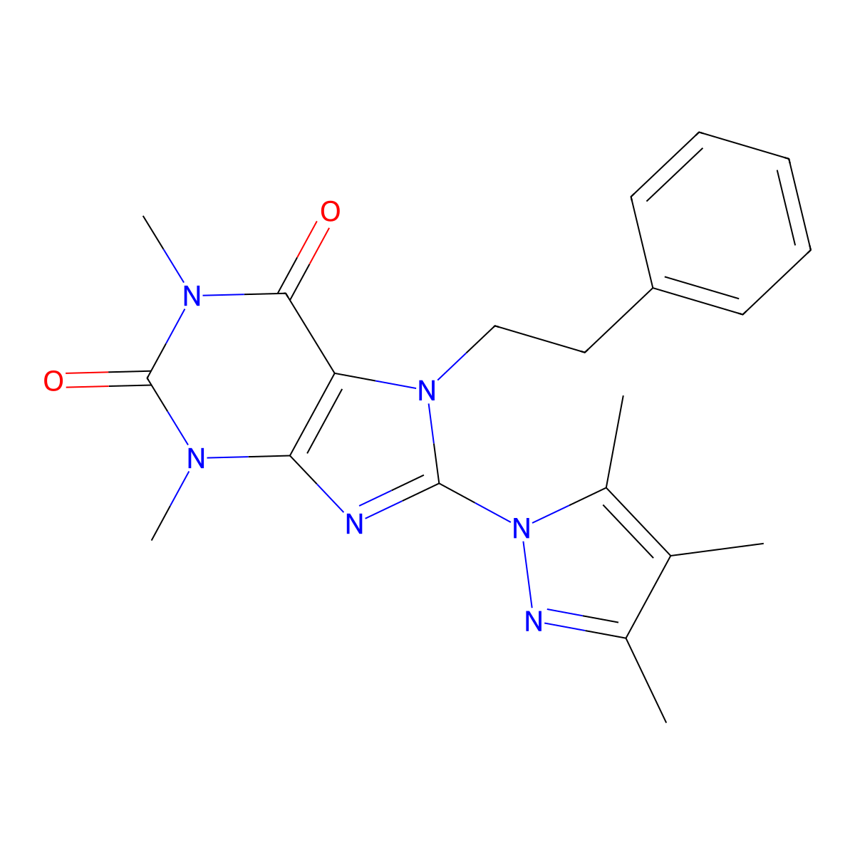 1,3-dimethyl-7-(2-phenylethyl)-8-(3,4,5-trimethyl-1H-pyrazol-1-yl)-2,3,6,7-tetrahydro-1H-purine-2,6-dione molecular structure, CAS 1014051-87-6