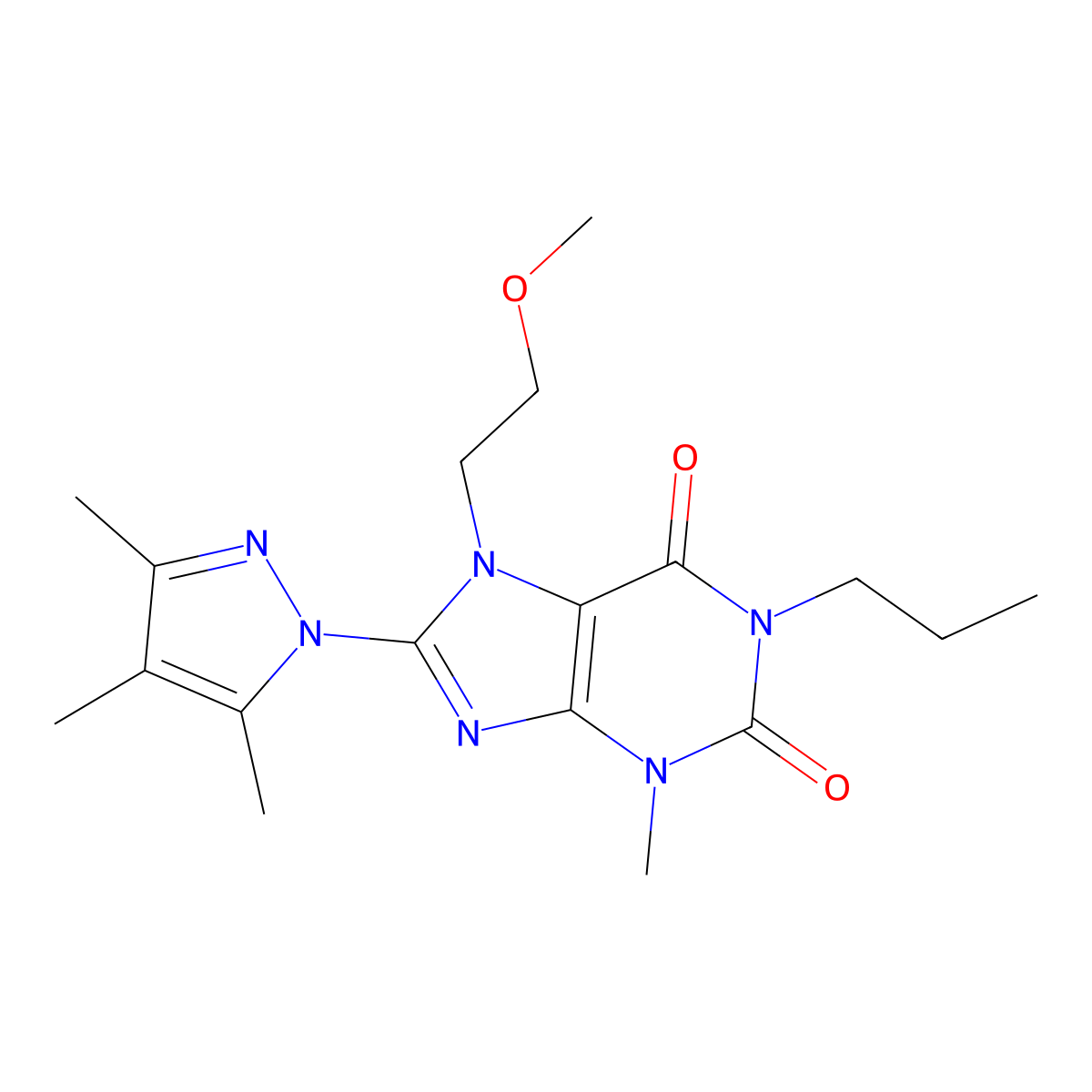 7-(2-methoxyethyl)-3-methyl-1-propyl-8-(3,4,5-trimethyl-1H-pyrazol-1-yl)-1H-purine-2,6(3H,7H)-dione molecular structure, CAS 1014051-99-0