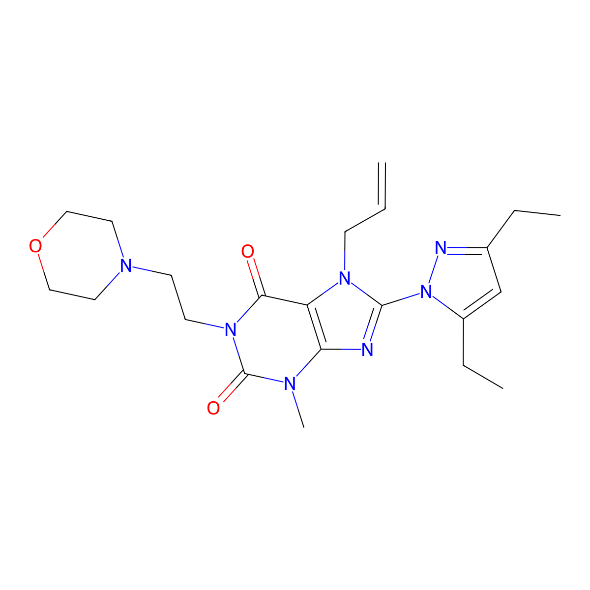 8-(3,5-diethyl-1H-pyrazol-1-yl)-3-methyl-1-[2-(morpholin-4-yl)ethyl]-7-(prop-2-en-1-yl)-2,3,6,7-tetrahydro-1H-purine-2,6-dione molecular structure, CAS 1014052-00-6