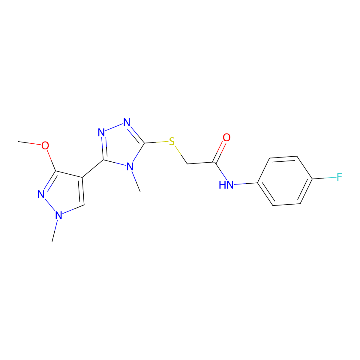 N-(4-fluorophenyl)-2-((5-(3-methoxy-1-methyl-1H-pyrazol-4-yl)-4-methyl-4H-1,2,4-triazol-3-yl)thio)acetamide molecular structure, CAS 1014052-10-8
