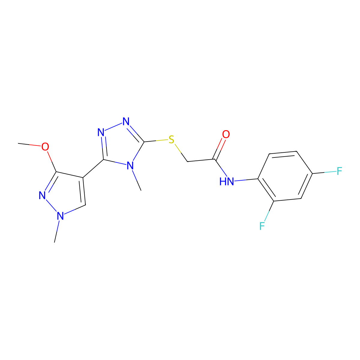 N-(2,4-difluorophenyl)-2-((5-(3-methoxy-1-methyl-1H-pyrazol-4-yl)-4-methyl-4H-1,2,4-triazol-3-yl)thio)acetamide molecular structure, CAS 1014052-14-2