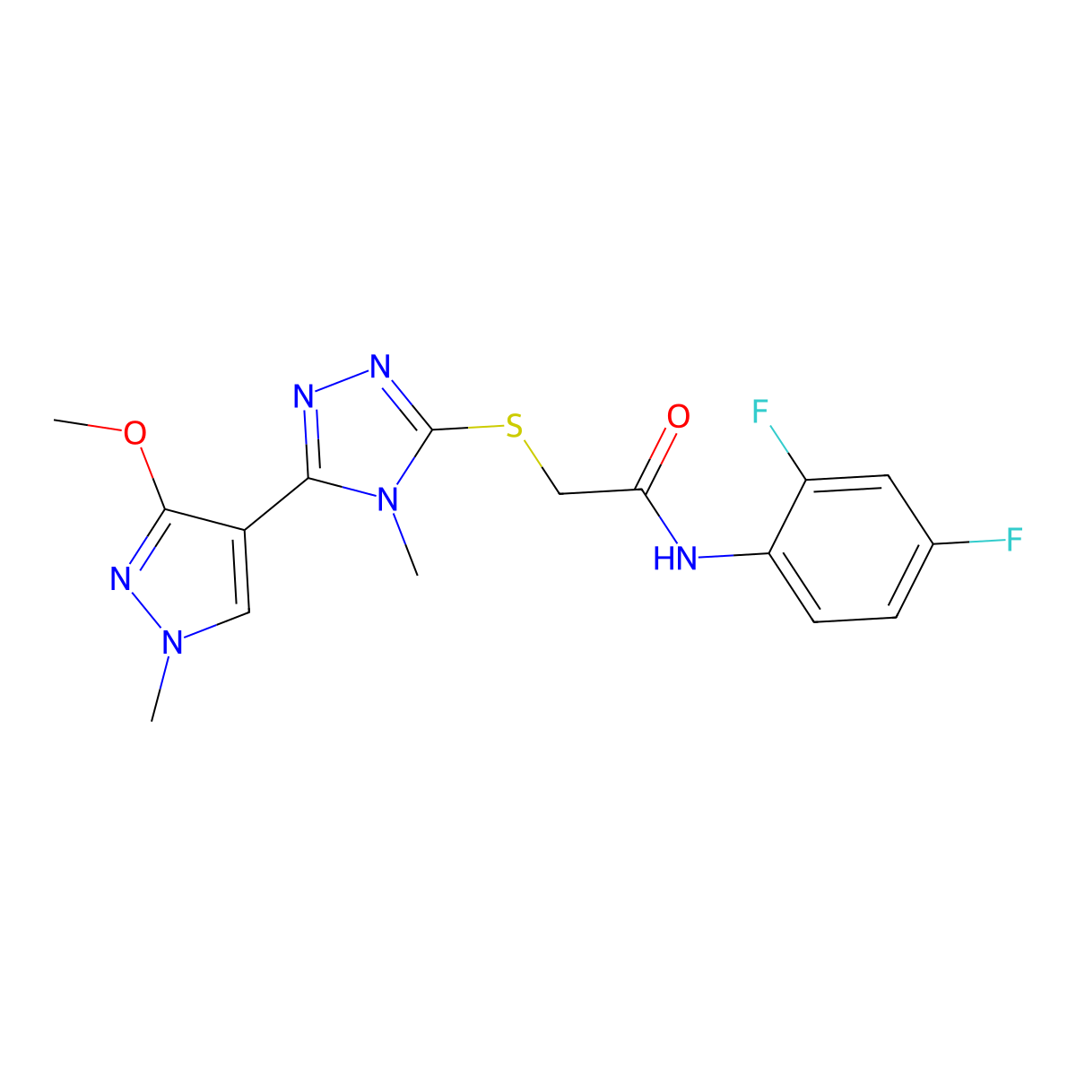 N-(2,4-difluorophenyl)-2-((5-(3-methoxy-1-methyl-1H-pyrazol-4-yl)-4-methyl-4H-1,2,4-triazol-3-yl)thio)acetamide molecular structure, CAS 1014052-14-2
