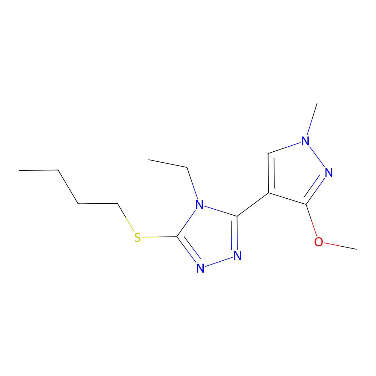 3-(butylthio)-4-ethyl-5-(3-methoxy-1-methyl-1H-pyrazol-4-yl)-4H-1,2,4-triazole molecular structure, CAS 1014052-22-2
