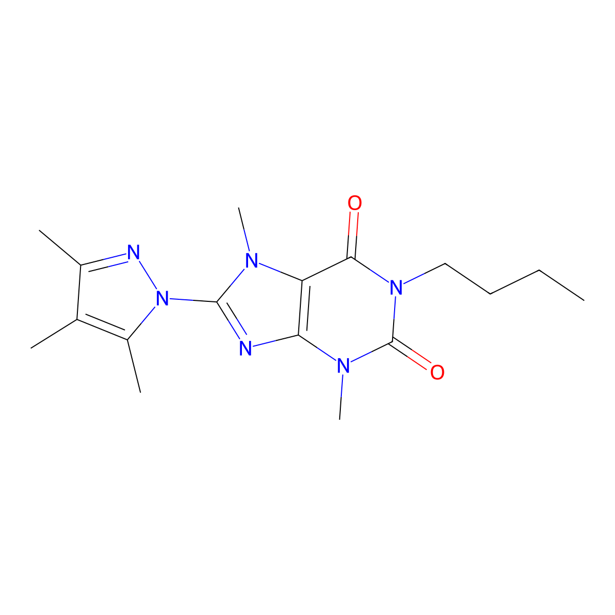 1-butyl-3,7-dimethyl-8-(3,4,5-trimethyl-1H-pyrazol-1-yl)-1H-purine-2,6(3H,7H)-dione molecular structure, CAS 1014052-30-2