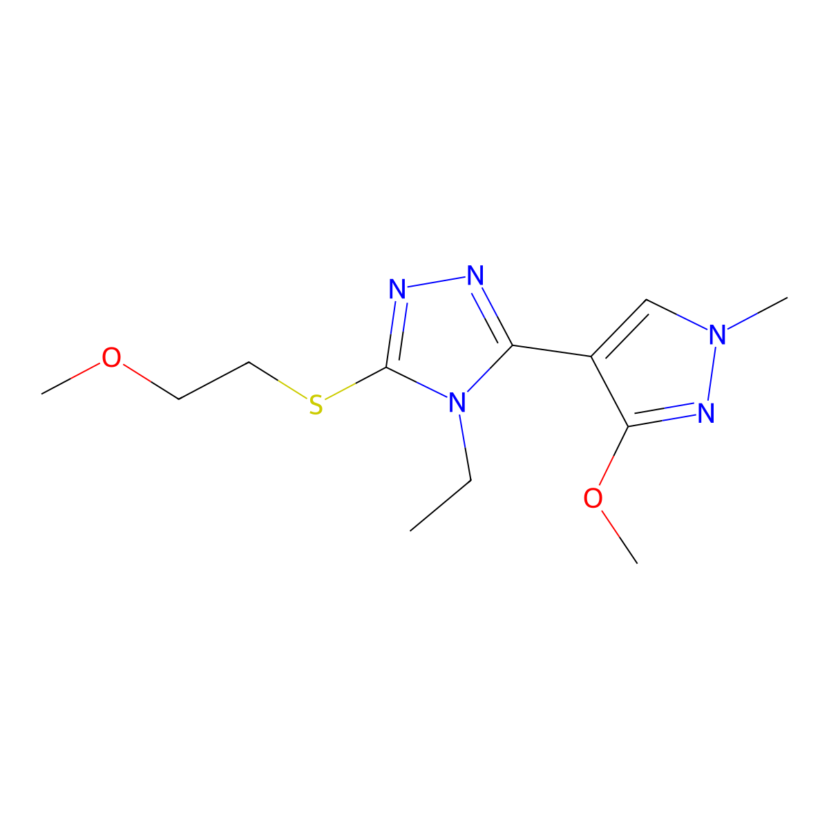 4-ethyl-3-(3-methoxy-1-methyl-1H-pyrazol-4-yl)-5-((2-methoxyethyl)thio)-4H-1,2,4-triazole molecular structure, CAS 1014052-49-3