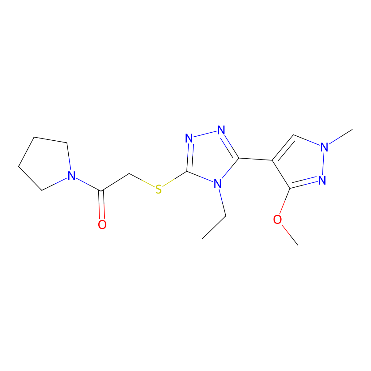 2-((4-ethyl-5-(3-methoxy-1-methyl-1H-pyrazol-4-yl)-4H-1,2,4-triazol-3-yl)thio)-1-(pyrrolidin-1-yl)ethanone molecular structure, CAS 1014052-58-4