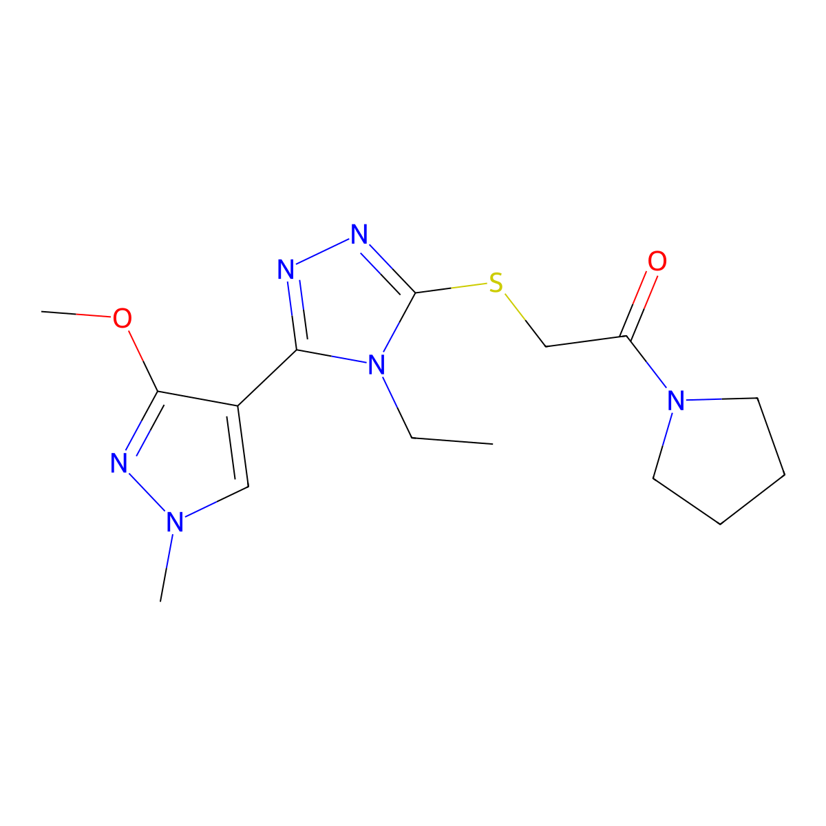 2-((4-ethyl-5-(3-methoxy-1-methyl-1H-pyrazol-4-yl)-4H-1,2,4-triazol-3-yl)thio)-1-(pyrrolidin-1-yl)ethanone molecular structure, CAS 1014052-58-4