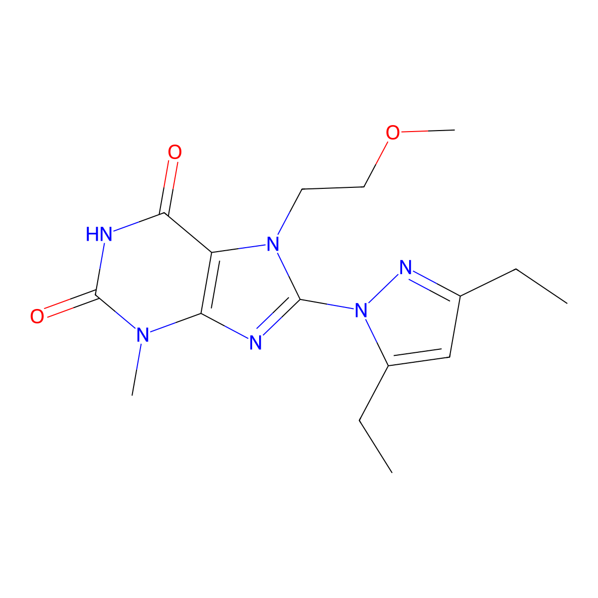 8-(3,5-diethyl-1H-pyrazol-1-yl)-7-(2-methoxyethyl)-3-methyl-2,3,6,7-tetrahydro-1H-purine-2,6-dione molecular structure, CAS 1014052-64-2