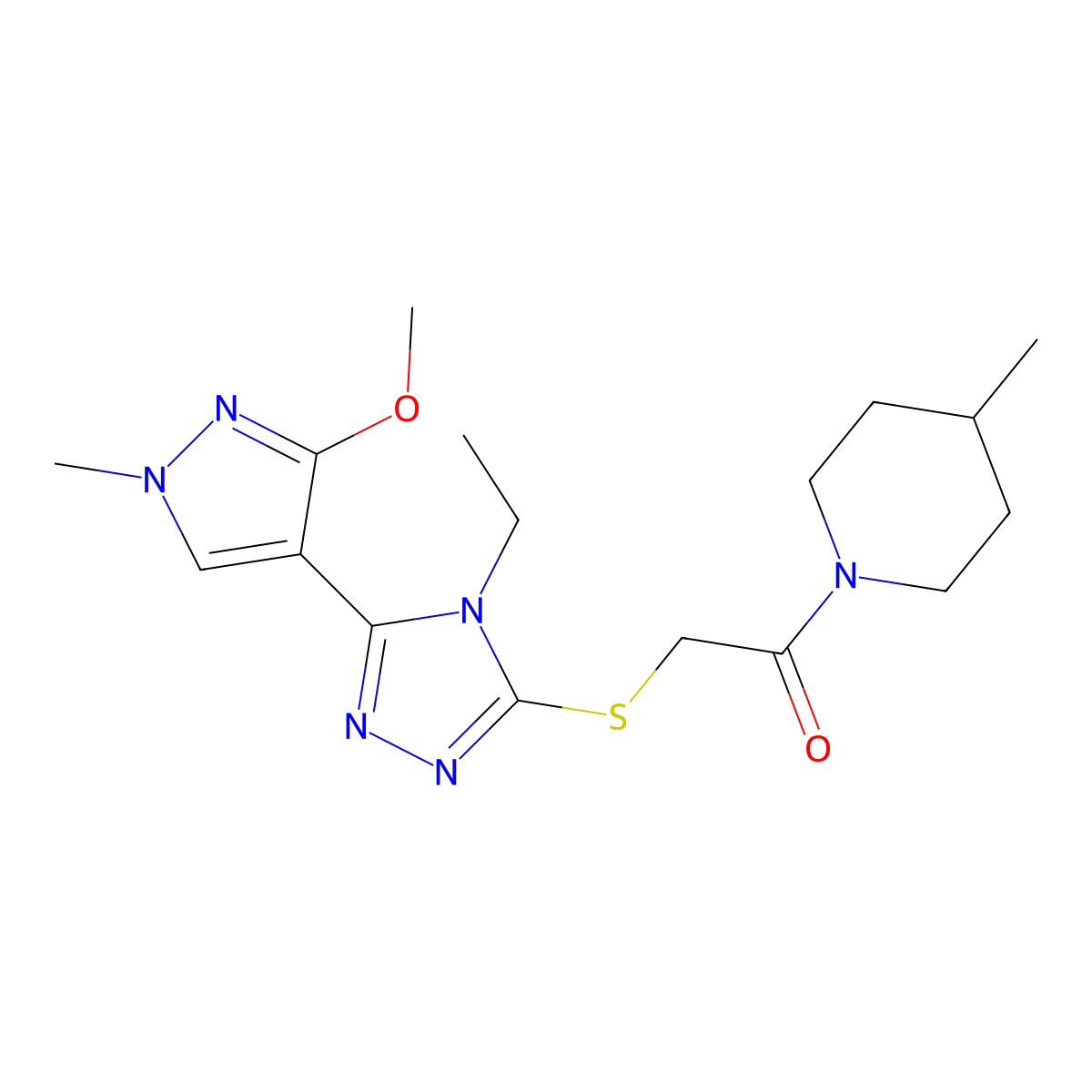 2-((4-ethyl-5-(3-methoxy-1-methyl-1H-pyrazol-4-yl)-4H-1,2,4-triazol-3-yl)thio)-1-(4-methylpiperidin-1-yl)ethanone molecular structure, CAS 1014052-75-5