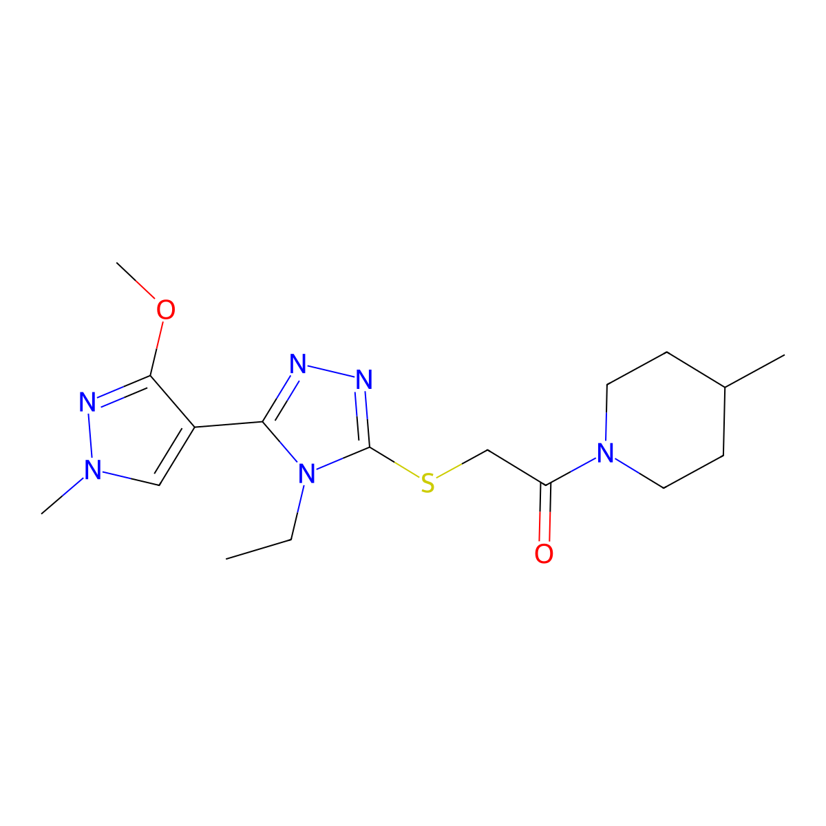 2-((4-ethyl-5-(3-methoxy-1-methyl-1H-pyrazol-4-yl)-4H-1,2,4-triazol-3-yl)thio)-1-(4-methylpiperidin-1-yl)ethanone molecular structure, CAS 1014052-75-5