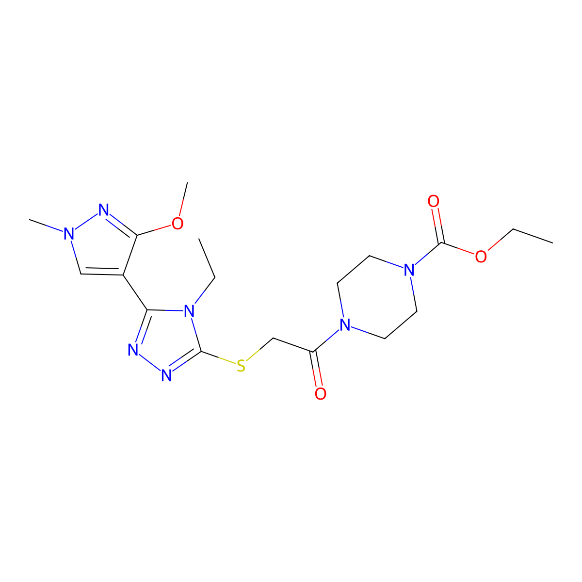 ethyl 4-(2-((4-ethyl-5-(3-methoxy-1-methyl-1H-pyrazol-4-yl)-4H-1,2,4-triazol-3-yl)thio)acetyl)piperazine-1-carboxylate molecular structure, CAS 1014052-95-9