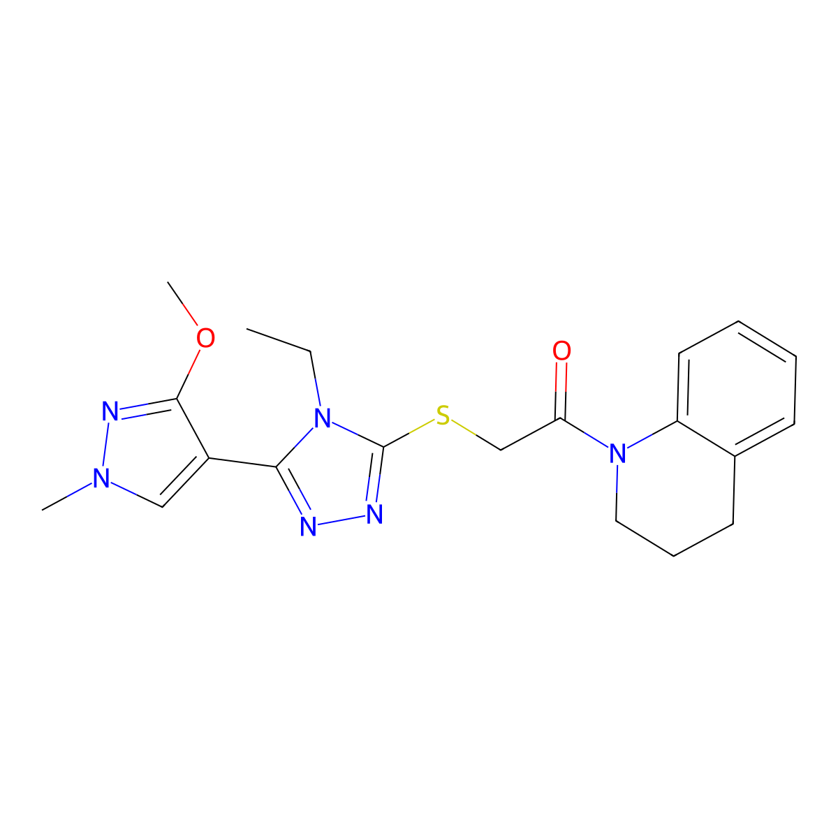 1-(3,4-dihydroquinolin-1(2H)-yl)-2-((4-ethyl-5-(3-methoxy-1-methyl-1H-pyrazol-4-yl)-4H-1,2,4-triazol-3-yl)thio)ethanone molecular structure, CAS 1014053-01-0