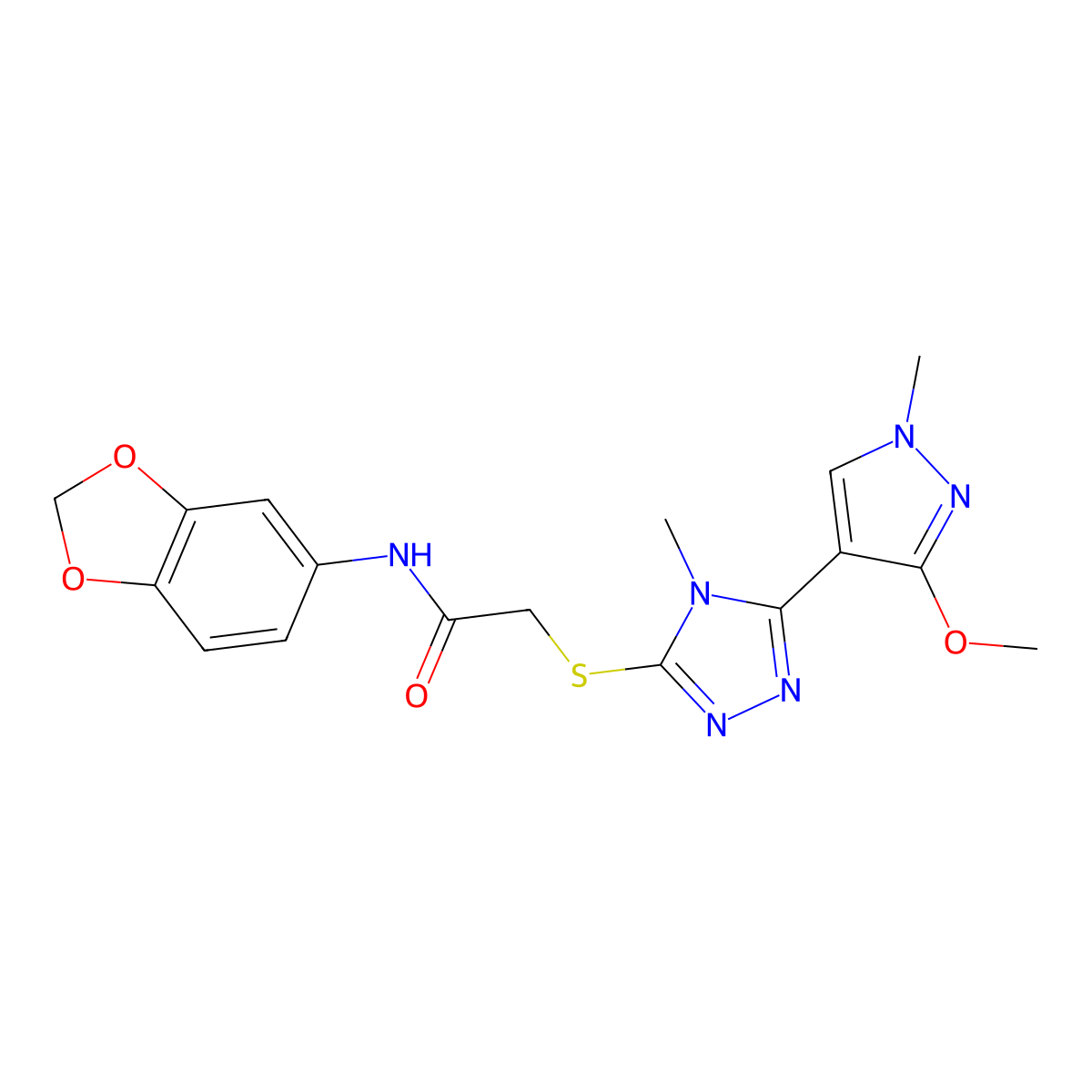 N-(benzo[d][1,3]dioxol-5-yl)-2-((5-(3-methoxy-1-methyl-1H-pyrazol-4-yl)-4-methyl-4H-1,2,4-triazol-3-yl)thio)acetamide molecular structure, CAS 1014053-05-4