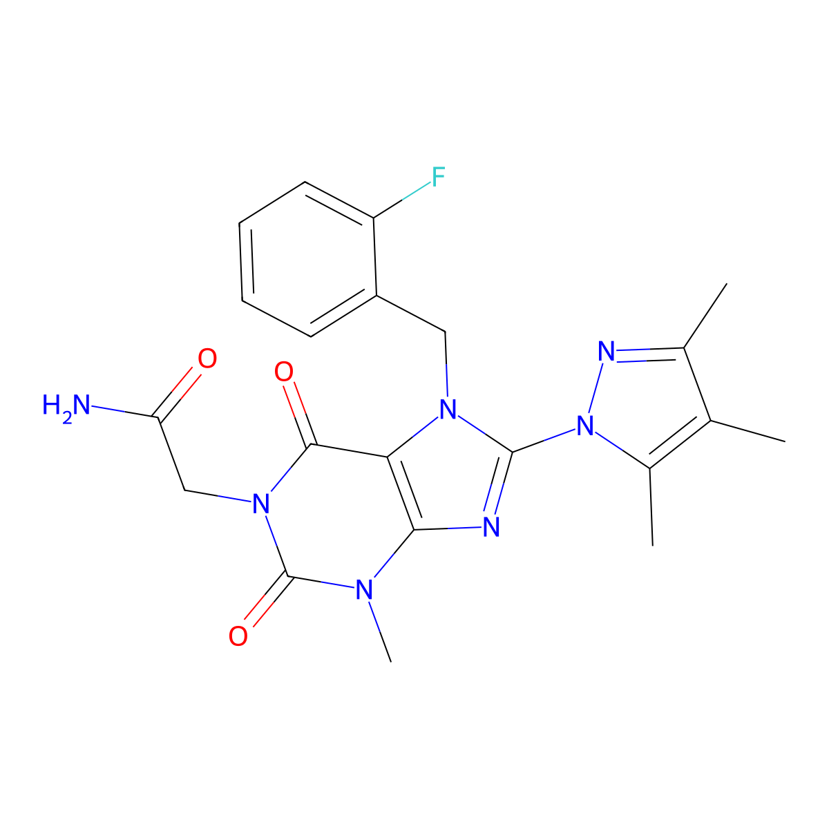 2-(7-(2-fluorobenzyl)-3-methyl-2,6-dioxo-8-(3,4,5-trimethyl-1H-pyrazol-1-yl)-2,3,6,7-tetrahydro-1H-purin-1-yl)acetamide molecular structure, CAS 1014053-06-5
