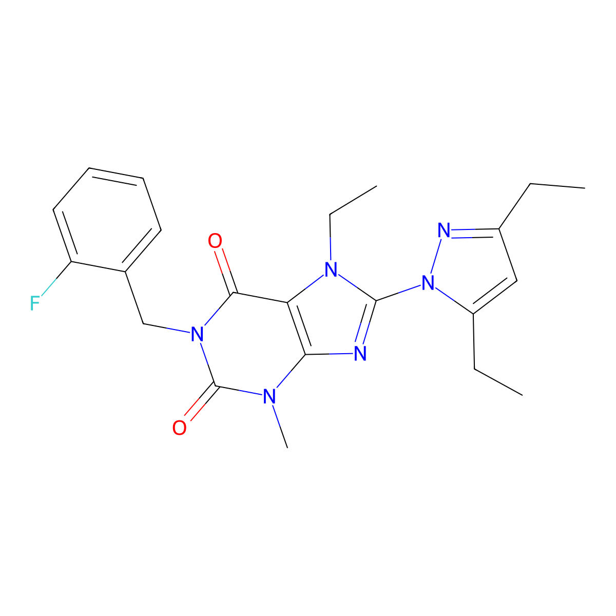 8-(3,5-diethyl-1H-pyrazol-1-yl)-7-ethyl-1-(2-fluorobenzyl)-3-methyl-1H-purine-2,6(3H,7H)-dione molecular structure, CAS 1014053-11-2