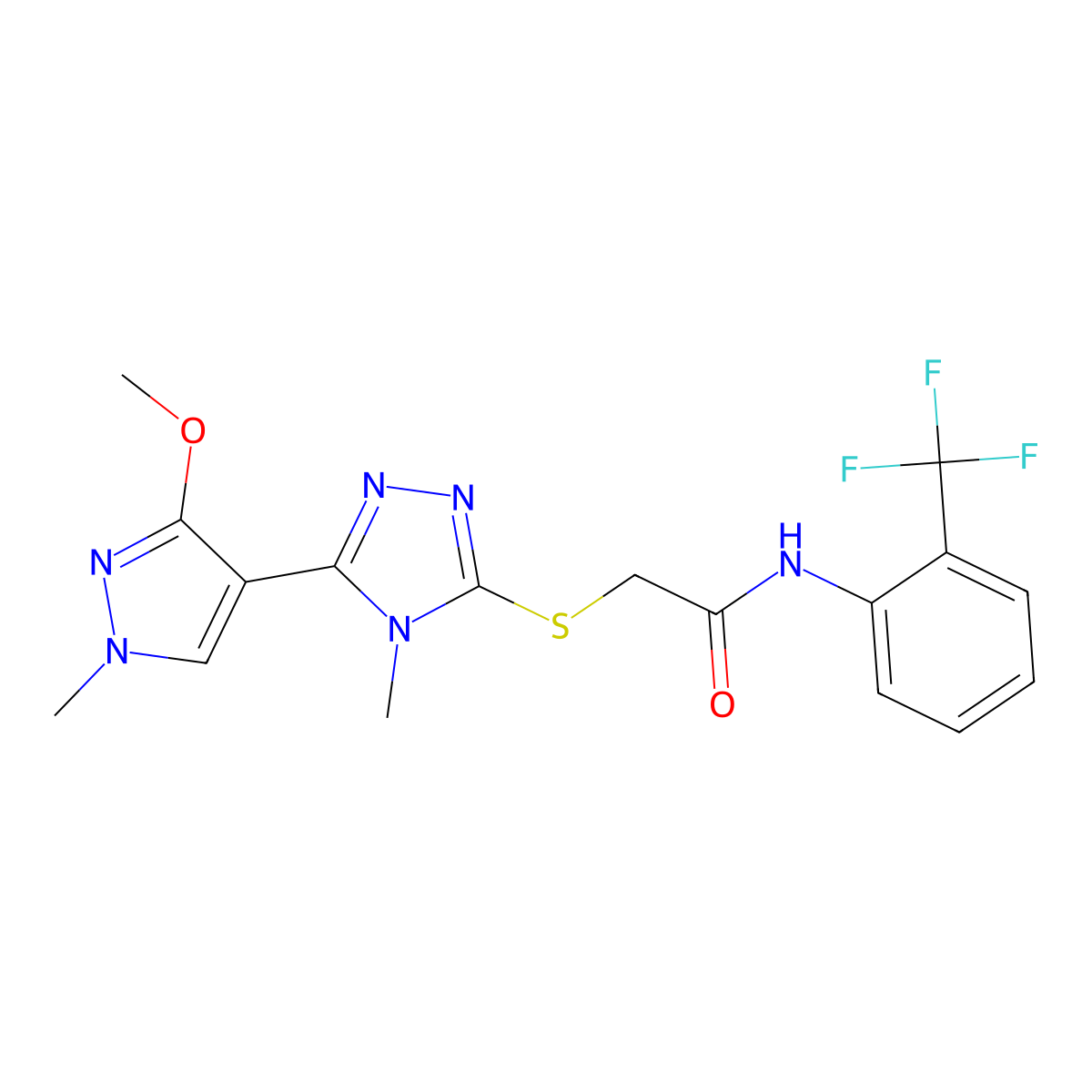 2-((5-(3-methoxy-1-methyl-1H-pyrazol-4-yl)-4-methyl-4H-1,2,4-triazol-3-yl)thio)-N-(2-(trifluoromethyl)phenyl)acetamide molecular structure, CAS 1014053-13-4