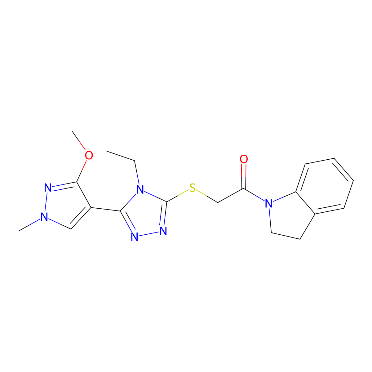 2-((4-ethyl-5-(3-methoxy-1-methyl-1H-pyrazol-4-yl)-4H-1,2,4-triazol-3-yl)thio)-1-(indolin-1-yl)ethanone molecular structure, CAS 1014053-17-8