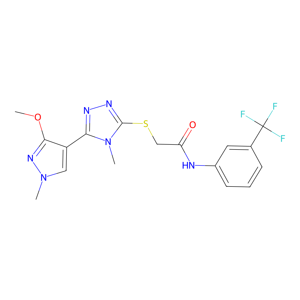 2-((5-(3-methoxy-1-methyl-1H-pyrazol-4-yl)-4-methyl-4H-1,2,4-triazol-3-yl)thio)-N-(3-(trifluoromethyl)phenyl)acetamide molecular structure, CAS 1014053-18-9