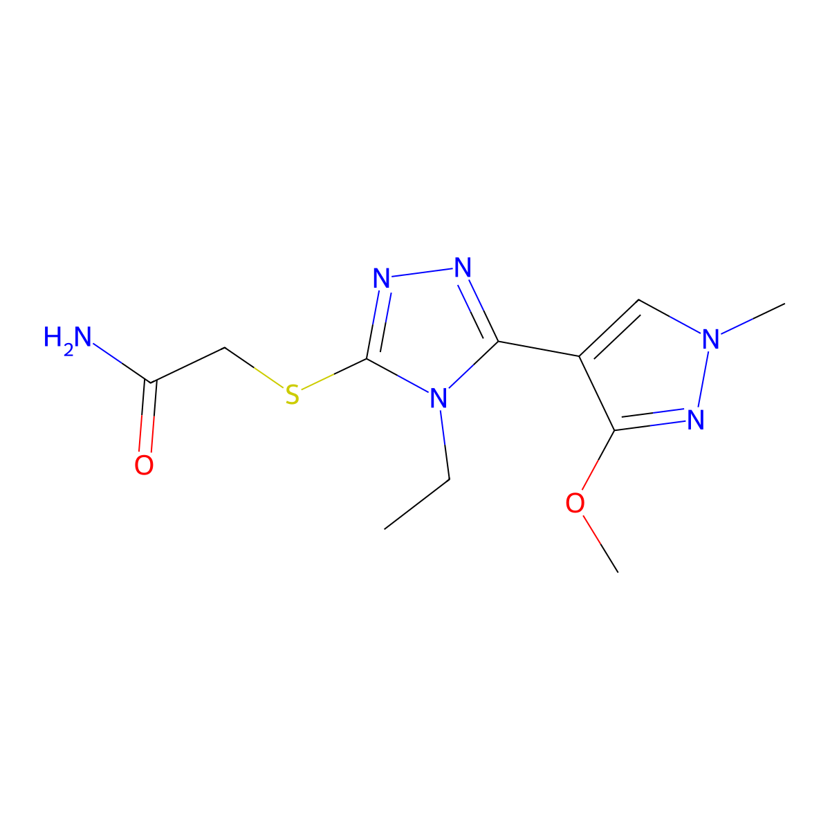 2-((4-ethyl-5-(3-methoxy-1-methyl-1H-pyrazol-4-yl)-4H-1,2,4-triazol-3-yl)thio)acetamide molecular structure, CAS 1014053-20-3