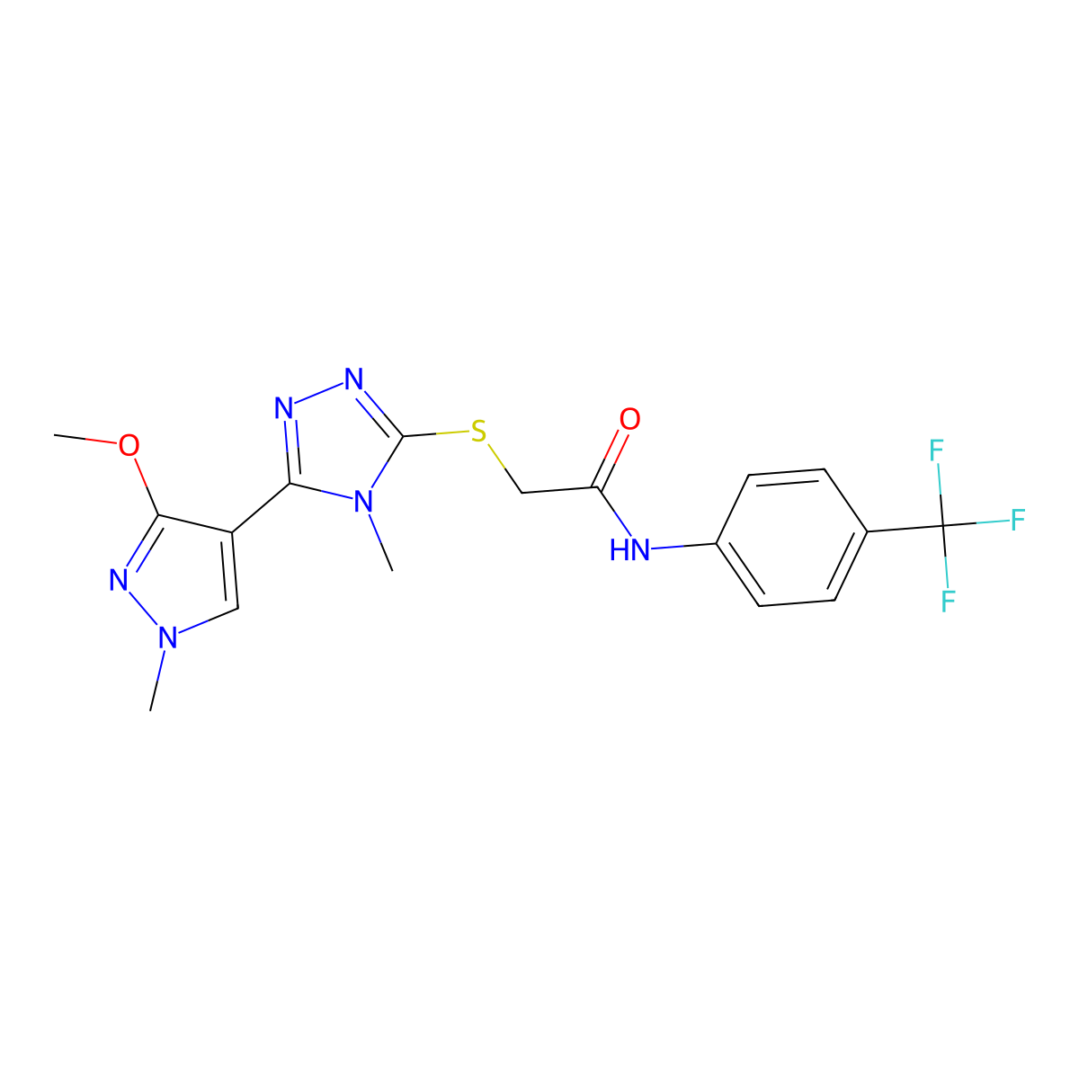2-((5-(3-methoxy-1-methyl-1H-pyrazol-4-yl)-4-methyl-4H-1,2,4-triazol-3-yl)thio)-N-(4-(trifluoromethyl)phenyl)acetamide molecular structure, CAS 1014053-21-4
