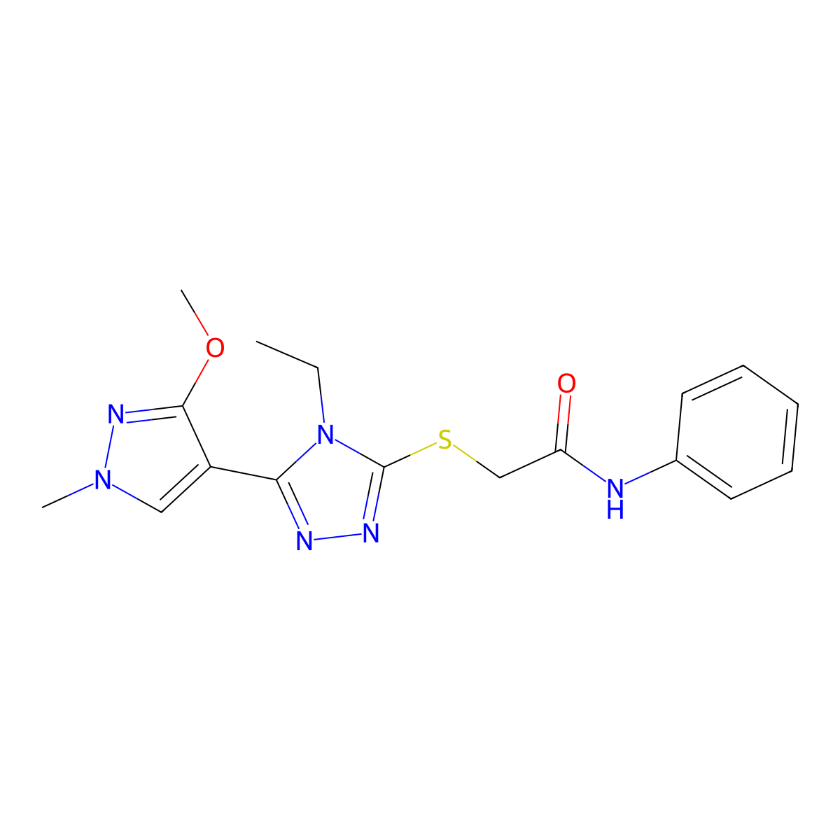2-((4-ethyl-5-(3-methoxy-1-methyl-1H-pyrazol-4-yl)-4H-1,2,4-triazol-3-yl)thio)-N-phenylacetamide molecular structure, CAS 1014053-28-1
