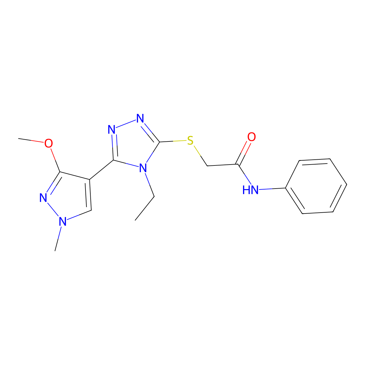 2-((4-ethyl-5-(3-methoxy-1-methyl-1H-pyrazol-4-yl)-4H-1,2,4-triazol-3-yl)thio)-N-phenylacetamide molecular structure, CAS 1014053-28-1