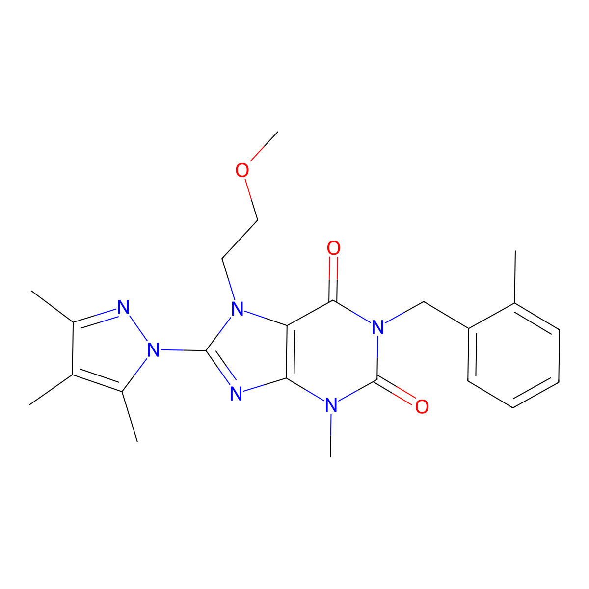 7-(2-methoxyethyl)-3-methyl-1-(2-methylbenzyl)-8-(3,4,5-trimethyl-1H-pyrazol-1-yl)-1H-purine-2,6(3H,7H)-dione molecular structure, CAS 1014053-33-8
