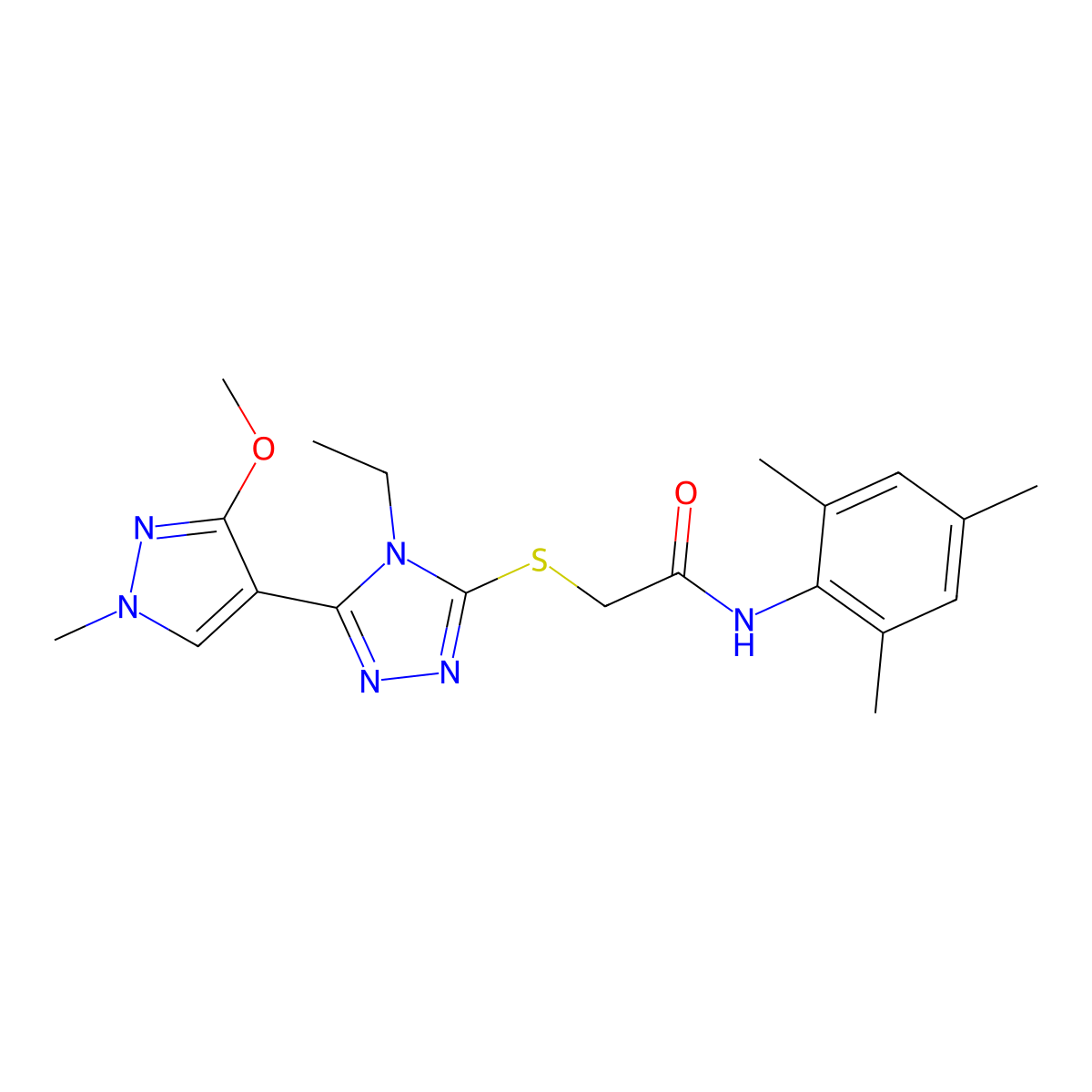 2-((4-ethyl-5-(3-methoxy-1-methyl-1H-pyrazol-4-yl)-4H-1,2,4-triazol-3-yl)thio)-N-mesitylacetamide molecular structure, CAS 1014054-03-5